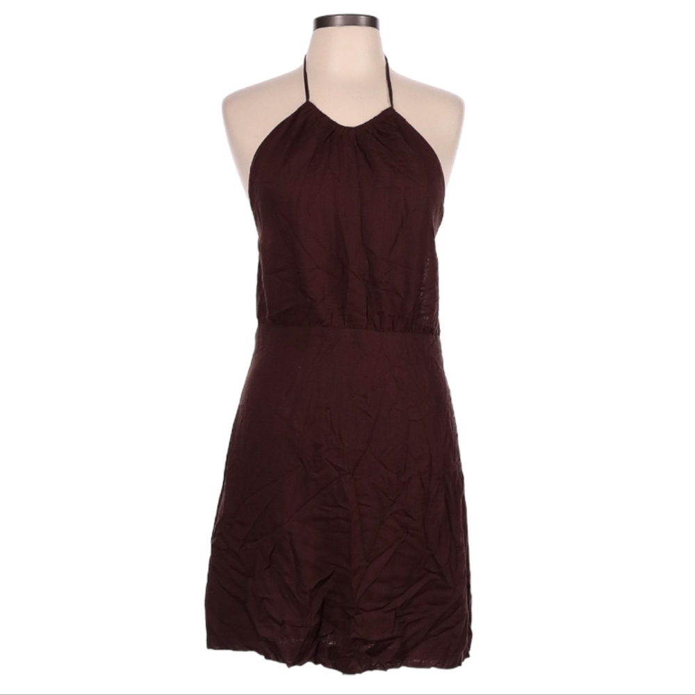 NWT Glamorous Chocolate Brown Linen Blend Backless Halter Dress Size Large
